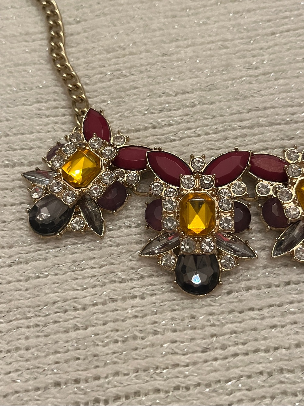 Statement Floral Bib Necklace in Burgundy, Amber and Smoky Gray